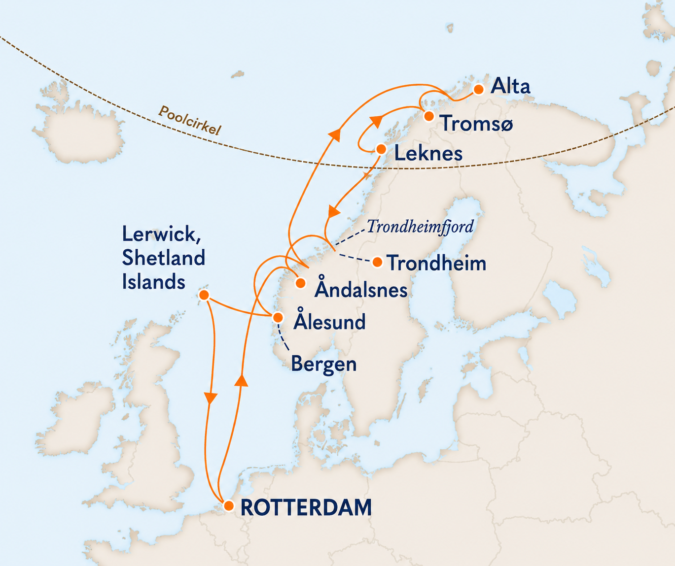 Cruiseroute vanuit Rotterdam langs Noorwegen en de Shetlandeilanden